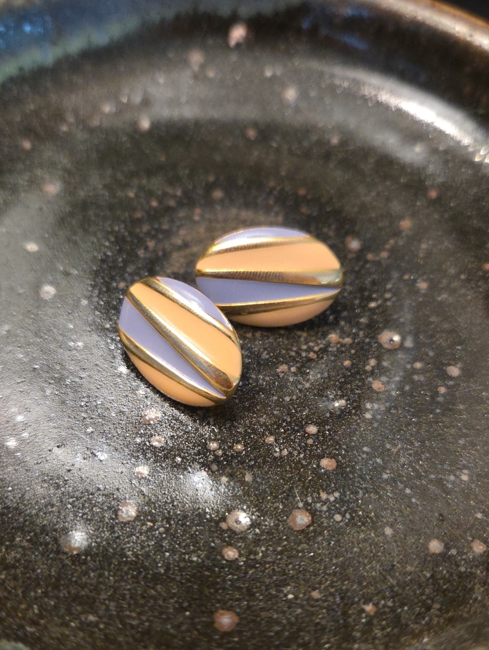 Vintage Gold, Peach, and Lavender Striped Oval Stud Earrings